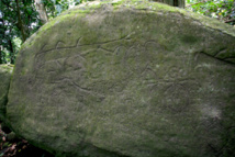 Une des grandes pierres à pétroglyphes de Teiipoka, avec, au sommet, ce qui est peut-être un mahi-mahi.