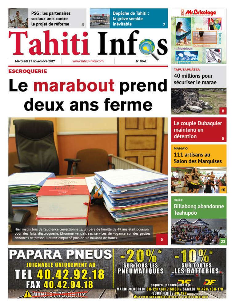 TAHITI INFOS N°1042 du 22 novembre 2017