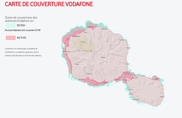 Couverture du réseau 4.5G (en rose) sur l'île de Tahiti. Couverture du réseau 4.5G (en rose) sur l'île de Tahiti.