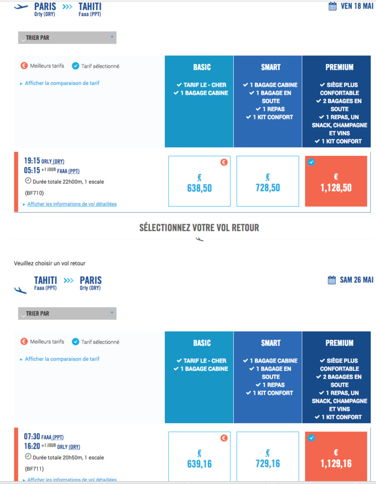 Simulation pour un vol ALLER ORLY PPT et retour PPT/ORLY en date du 18 mai retour le 26 Simulation pour un vol ALLER ORLY PPT et retour PPT/ORLY en date du 18 mai retour le 26