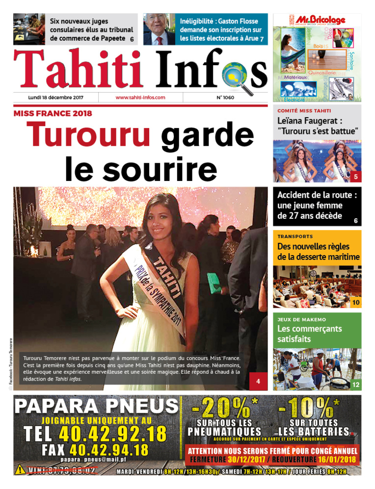 TAHITI INFOS N°1060 du 18 décembre 2017