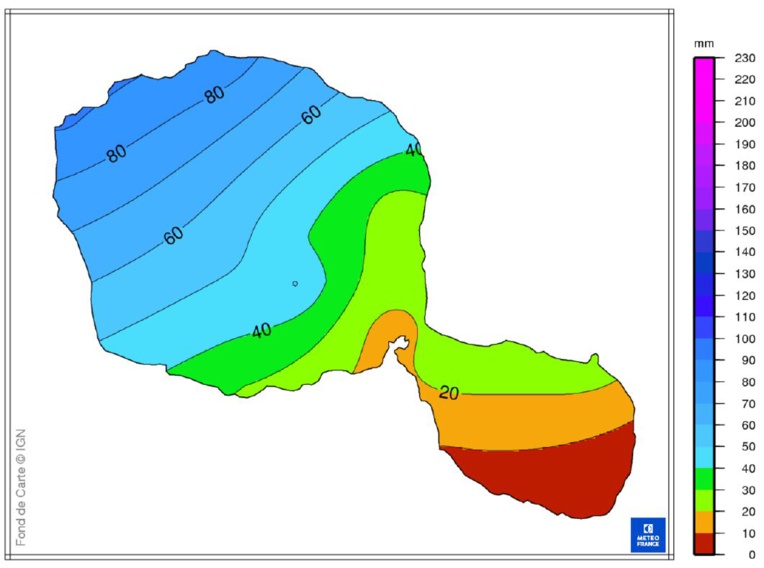 Carte donnant une vision des cumuls de pluies tombées (en mm ou L/m²) sur Tahiti entre le samedi 16 décembre 8 heures et le dimanche 17 décembre à 8 heures.