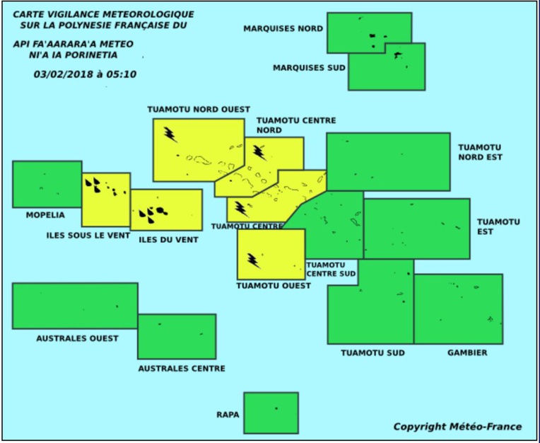 Vigilance jaune pour les fortes pluies sur les Îles du Vent et les Îles sous-le-vent et vigilance jaune pour les orages sur une partie des tuamotu Vigilance jaune pour les fortes pluies sur les Îles du Vent et les Îles sous-le-vent et vigilance jaune pour les orages sur une partie des tuamotu