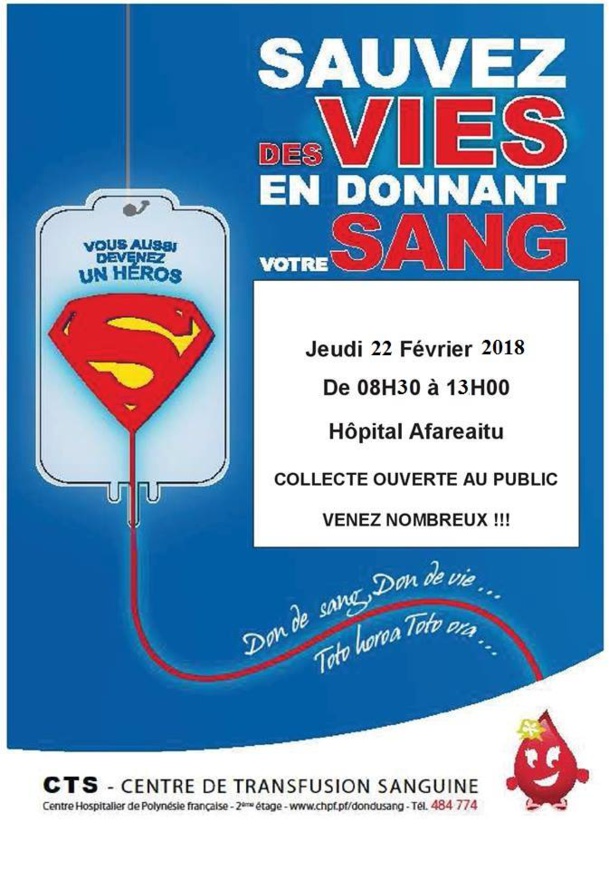 Don du sang à Hopital Afareaitu MOOREA le jeudi 22 février 2018 Don du sang à Hopital Afareaitu MOOREA le jeudi 22 février 2018