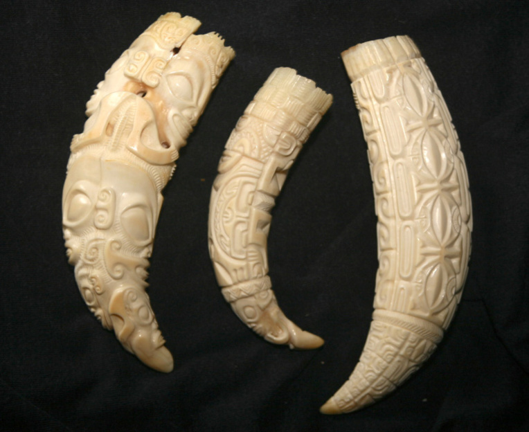 Trois dents de cachalot aux motifs symboliques : c’est l’électrification des vallées dans les années quatre-vingt qui a permis de remettre l’artisanat marquisien en selle.