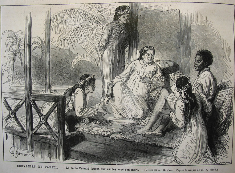La reine Pomaré jouant aux cartes en 1877, dut céder à Laplace et admettre que les catholiques n’étaient pas des pestiférés à Tahiti, au grand dam des protestants anglais, particulièrement intolérants à l’époque. La reine Pomaré jouant aux cartes en 1877, dut céder à Laplace et admettre que les catholiques n’étaient pas des pestiférés à Tahiti, au grand dam des protestants anglais, particulièrement intolérants à l’époque.