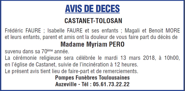 Décès de Madame Myriam PERO Décès de Madame Myriam PERO