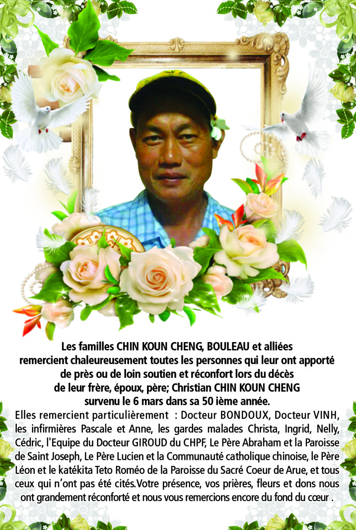 Avis de remerciements Famille CHIN KOUN CHENG Avis de remerciements Famille CHIN KOUN CHENG