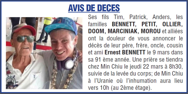 Décès de Monsieur Ernest BENNETT Décès de Monsieur Ernest BENNETT