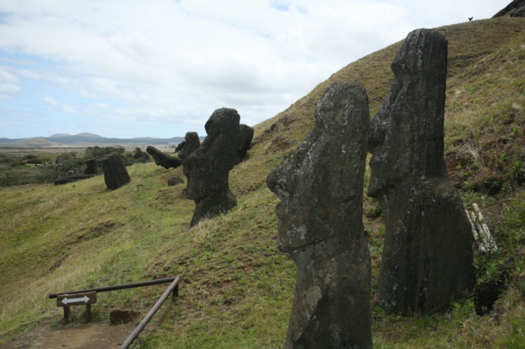 Les moai de la carrière du Rano Raraku n’ont jamais été disposés afin de former une barrière rendant le site tabu. Ils sont disposés en bas de la pente, un peu partout, en attendant leur transport qui n’a jamais eu lieu.