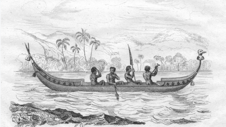 Une pirogue salomonaise à l’époque du drame ayant abouti au décès du commandant Goodenough (ces embarcations n’avaient pas de balancier). Une pirogue salomonaise à l’époque du drame ayant abouti au décès du commandant Goodenough (ces embarcations n’avaient pas de balancier).