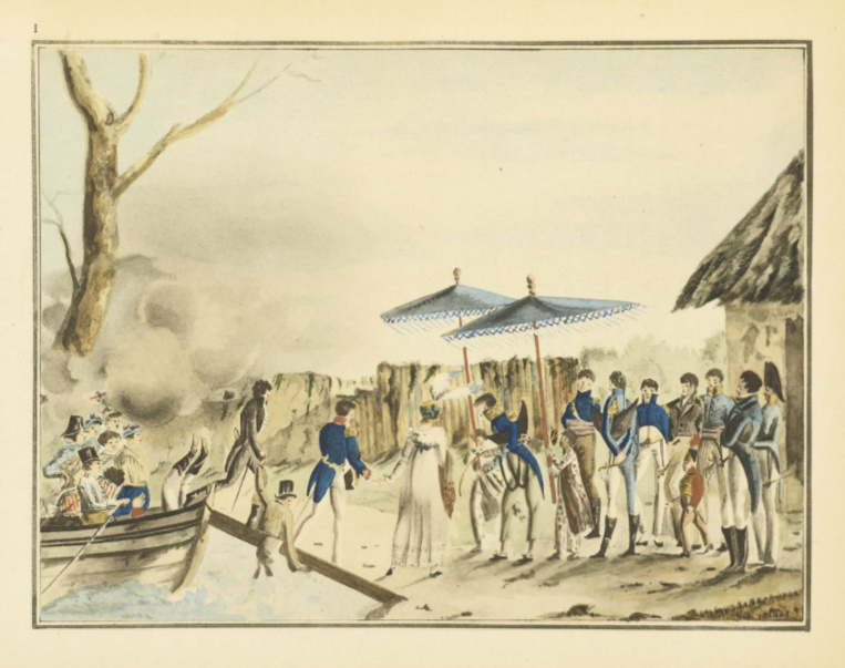 Un débarquement des Freycinet lors d’une escale ; Rose ne se déguisa en homme qu’au tout début de l’expédition, après elle ne se cacha jamais. Un débarquement des Freycinet lors d’une escale ; Rose ne se déguisa en homme qu’au tout début de l’expédition, après elle ne se cacha jamais.