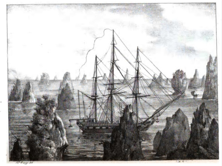 L’Uranie à Rawak, en Nouvelle-Guinée, une des escales de cette longue expédition qui ne coûta la vie qu’à sept membres d’équipage. Un exploit pour l’époque. L’Uranie à Rawak, en Nouvelle-Guinée, une des escales de cette longue expédition qui ne coûta la vie qu’à sept membres d’équipage. Un exploit pour l’époque.