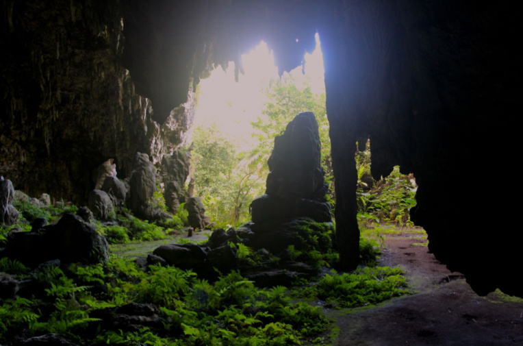 Contre-jour devant l’entrée principale. Un énorme stalagmite semble monter la garde au milieu du passage. Contre-jour devant l’entrée principale. Un énorme stalagmite semble monter la garde au milieu du passage.
