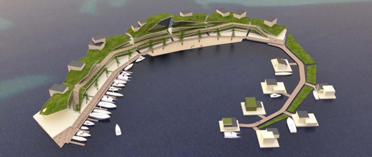 Une représentation d'architecte imaginant une île flottante. Les chances que ce prototype très high tech voie le jour en Polynésie ont fortement diminué ces derniers mois. (crédit photo : Blue Frontiers)