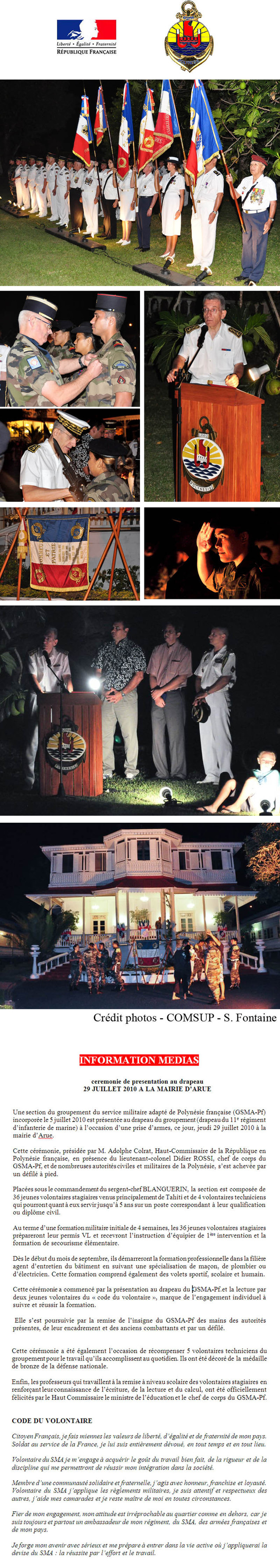 Cérémonie de présentation au drapeau  à la Mairie d'Arue