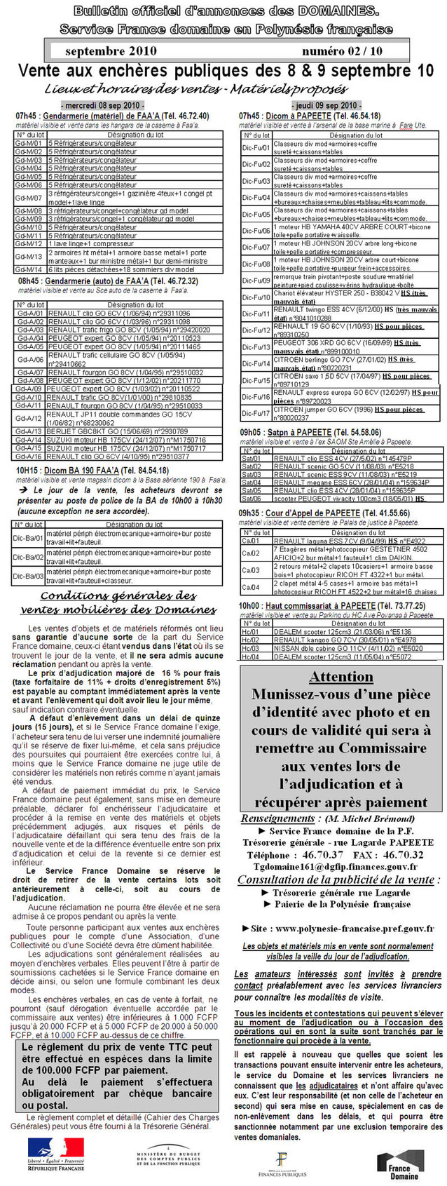 Vente aux enchères publiques du Haut-commmissariat