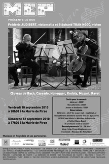 Concerts de violoncelle et violon avec Frédéric Audibert et Stéphane Tran Ngoc les 10 et 12 septembre 2010