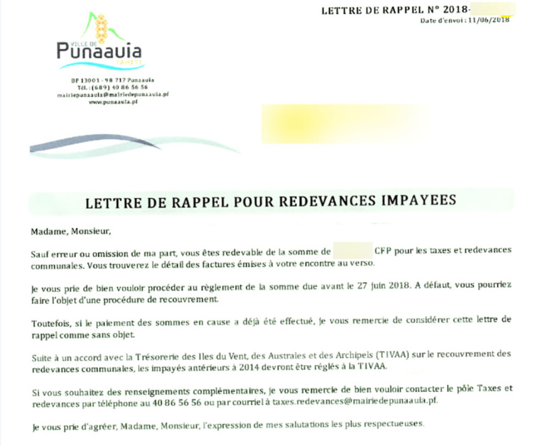 Punaauia - Redevances impayées: confusion après l'envoi des courriers Punaauia - Redevances impayées: confusion après l'envoi des courriers