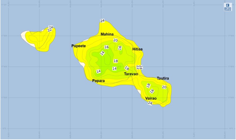 Températures prévues sur Tahiti et Moorea pour le 10 juillet à 2 heures du matin par le modèle de prévisions AROME. (Source : Météo-France) Températures prévues sur Tahiti et Moorea pour le 10 juillet à 2 heures du matin par le modèle de prévisions AROME. (Source : Météo-France)