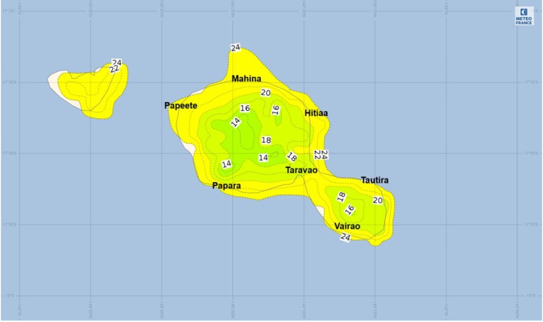 Températures prévues sur Tahiti et Moorea pour le 10 juillet à 2 heures du matin par le modèle de prévisions AROME. (Source : Météo-France)