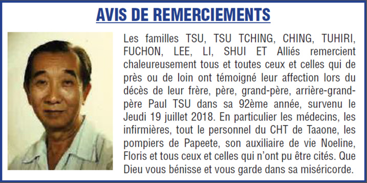 Avis de remerciements Famille TSU Avis de remerciements Famille TSU