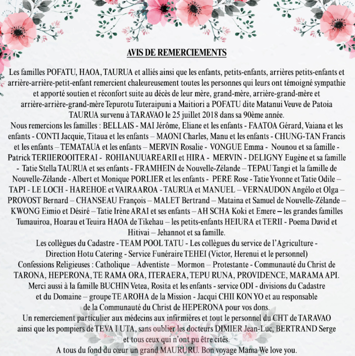 Avis de remerciements Famille POFATU - TAURUA Avis de remerciements Famille POFATU - TAURUA