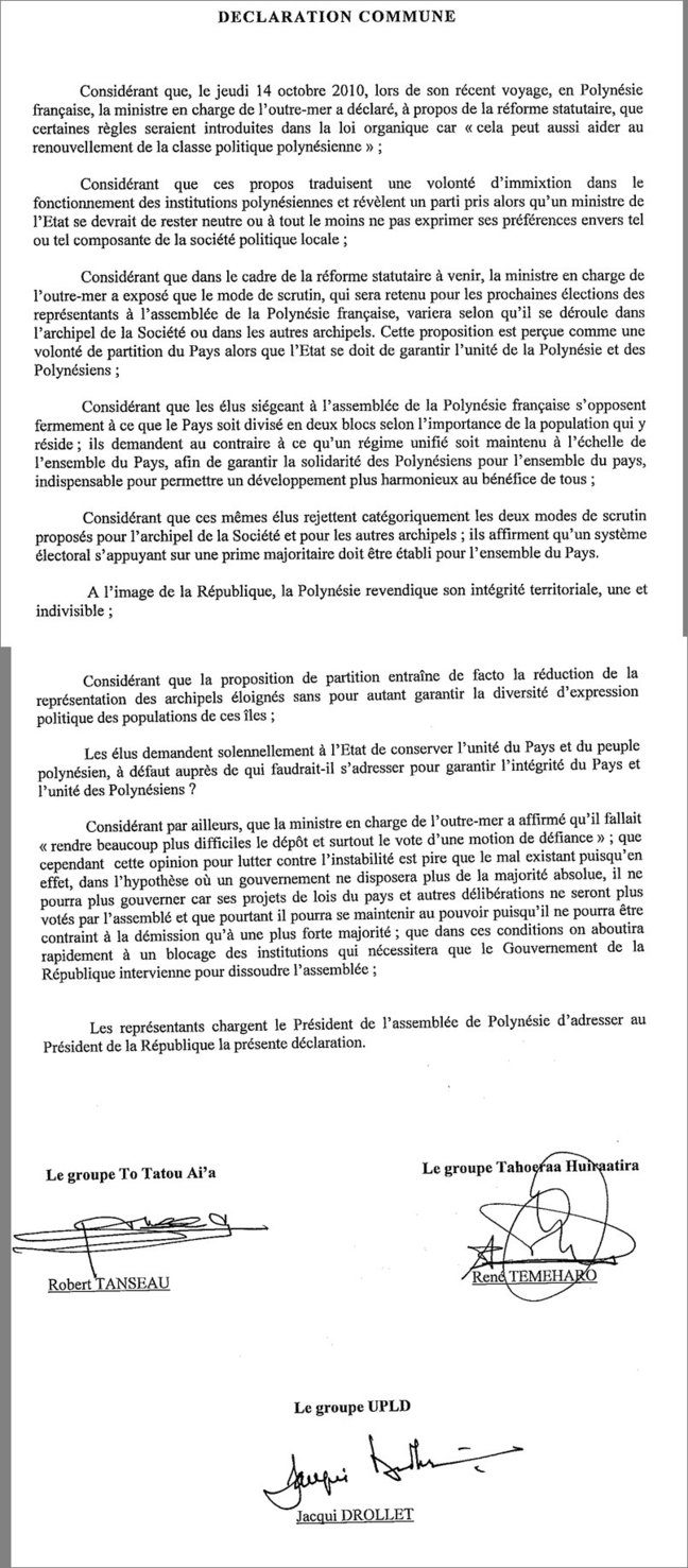 Les 3 grands groupes politiques polynésiens unis contre la proposition de réforme de scrutin de Marie Luce Penchard