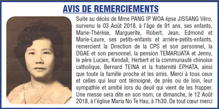 Avis de remerciements Famille JISSANG- PANG IP WOA Avis de remerciements Famille JISSANG- PANG IP WOA