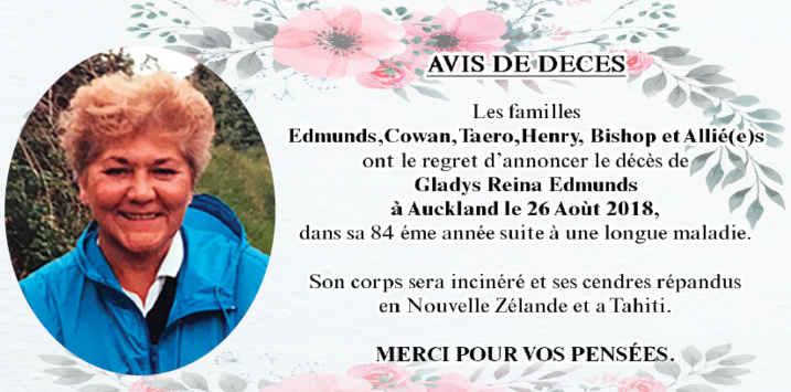 Décès de Madame Gladys Reina EDMUNDS Décès de Madame Gladys Reina EDMUNDS