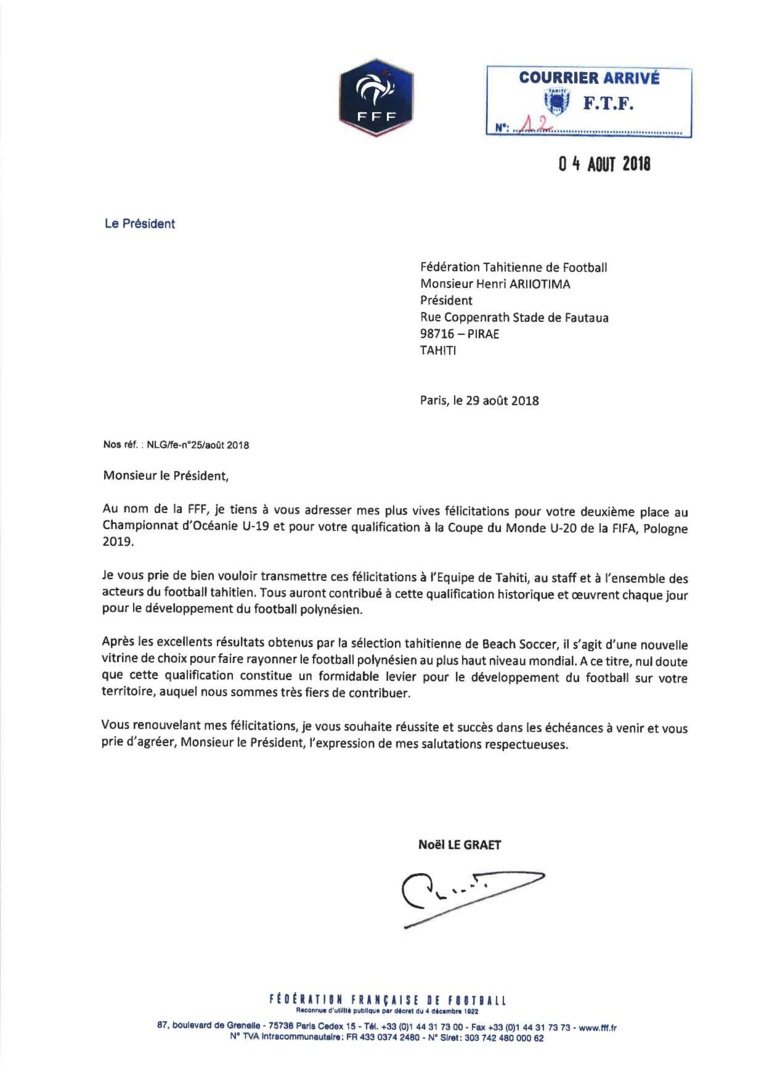 Football - Mondial U-20 : La FFF félicite la FTF pour la qualification de Tahiti Football - Mondial U-20 : La FFF félicite la FTF pour la qualification de Tahiti