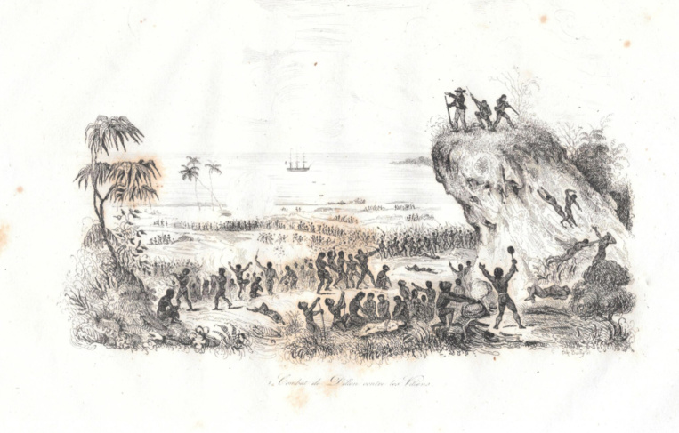 Une vue du célèbre combat ayant opposé Dillon et Savage à des guerriers fidjiens : Savage fut tué et dévoré, Dillon s’en sortit sain et sauf.