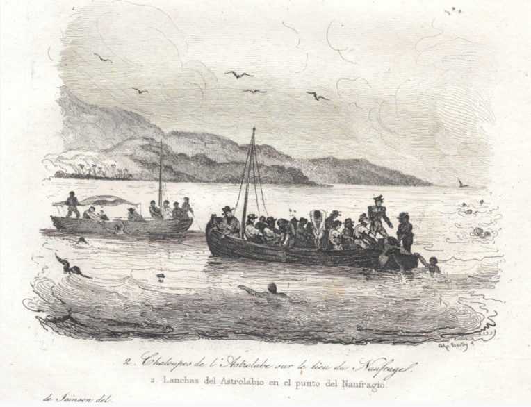 Les rescapés de l’ « Astrolabe » parvenant tant bien que mal à gagner la terre à Vanikoro. Les rescapés de l’ « Astrolabe » parvenant tant bien que mal à gagner la terre à Vanikoro.