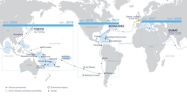 Les escales de l’Odyssée 2017-2021 du trimaran Race for Water. Les escales de l’Odyssée 2017-2021 du trimaran Race for Water.