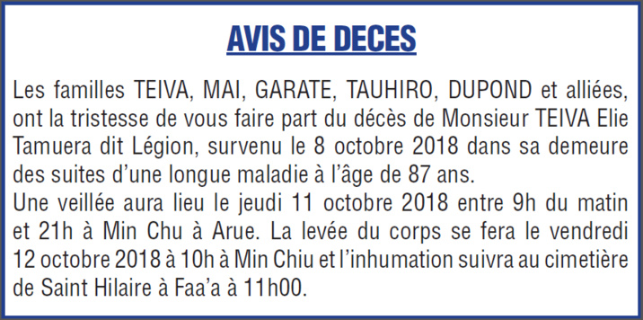Décès de Monsieur TEIVA Elie Tamuera dit Légion Décès de Monsieur TEIVA Elie Tamuera dit Légion