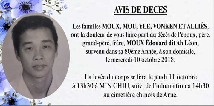 Décès de Monsieur MOUX Edouard dit Ah Léon Décès de Monsieur MOUX Edouard dit Ah Léon
