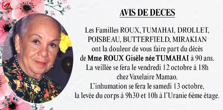Décès de Madame ROUX Gisèle née TUMAHAI Décès de Madame ROUX Gisèle née TUMAHAI