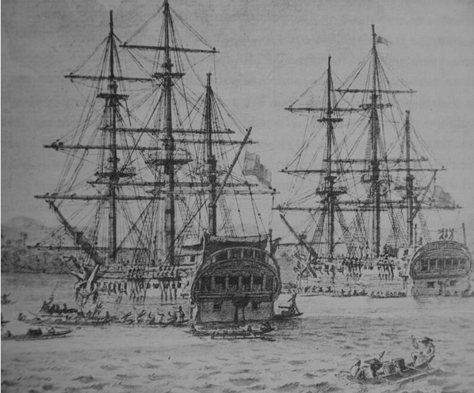 Gravure représentant à leur départ les deux navires de l’expédition, la « Descubierta » et l’ « Atrevida ».