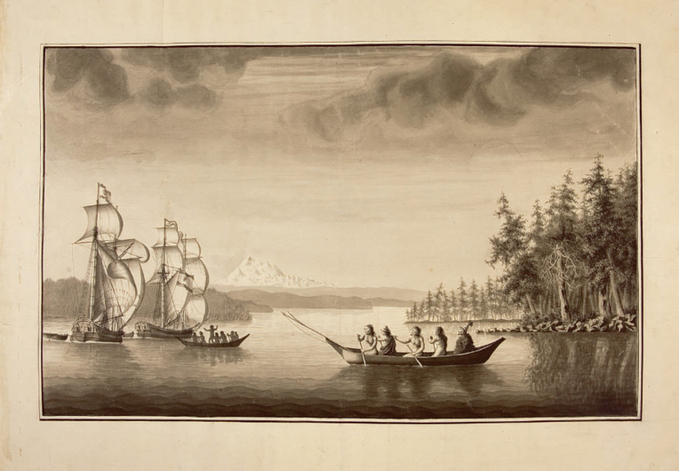 Gravure montrant les deux navires espagnols lors de leur exploration de la côte nord-ouest de l’Amérique. Gravure montrant les deux navires espagnols lors de leur exploration de la côte nord-ouest de l’Amérique.