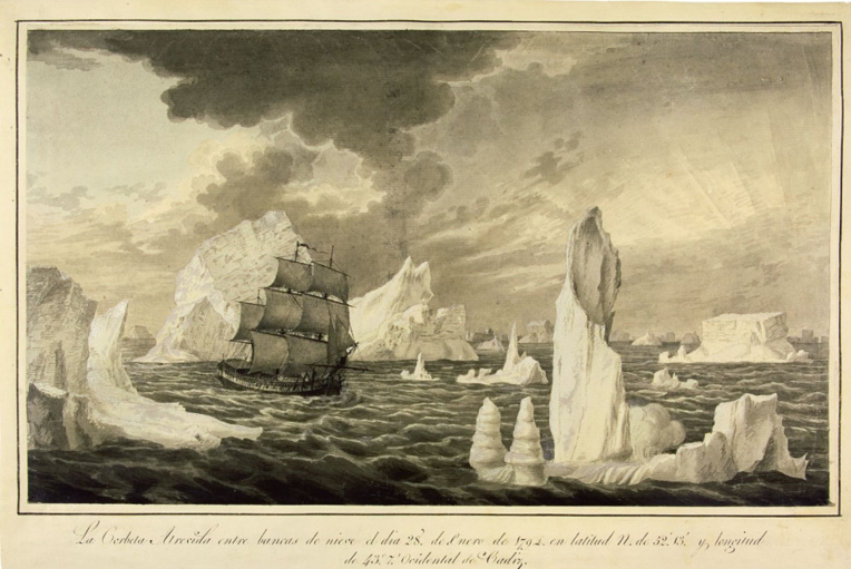 Dans les glaces de l’Alaska. La gravure exagère et force sans doute le trait, car Malaspina ne s’est pas aventuré dans l’Arctique comme Cook dix ans avant lui. Dans les glaces de l’Alaska. La gravure exagère et force sans doute le trait, car Malaspina ne s’est pas aventuré dans l’Arctique comme Cook dix ans avant lui.