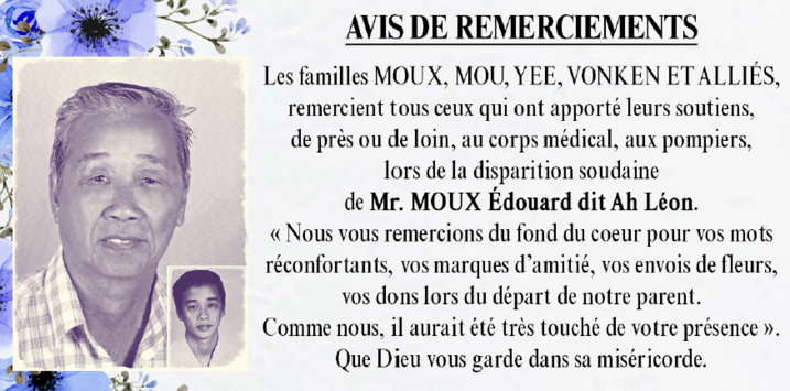 Avis de remerciements Famille MOUX Avis de remerciements Famille MOUX