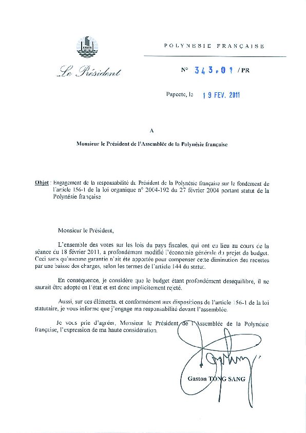 Budget du Pays: Le président Tong Sang engage sa responsabilité (réactualisé)