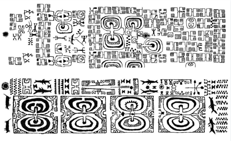 Motifs marquisiens traditionnels : avouons que l’on n’est pas loin d’une véritable écriture de la part de ces Polynésiens ; d’ailleurs les tatouages portés par les hommes permettaient littéralement de « lire » leur passé et leur place dans la société d’alors. Entre ces symboles et le rongo rongo pascuan, la distance est faible… Motifs marquisiens traditionnels : avouons que l’on n’est pas loin d’une véritable écriture de la part de ces Polynésiens ; d’ailleurs les tatouages portés par les hommes permettaient littéralement de « lire » leur passé et leur place dans la société d’alors. Entre ces symboles et le rongo rongo pascuan, la distance est faible…