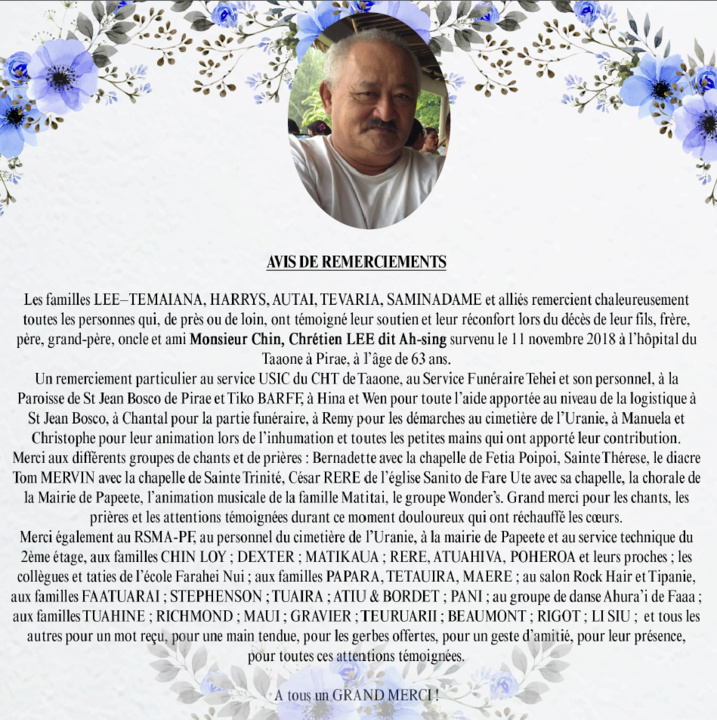 Avis de remerciements Famille LEE - TAMAIANA Avis de remerciements Famille LEE - TAMAIANA