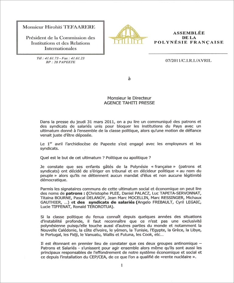 Pour H. Tefaarere, les syndicats de patrons et de salariés sont « les principaux responsables de l’effondrement » du pays