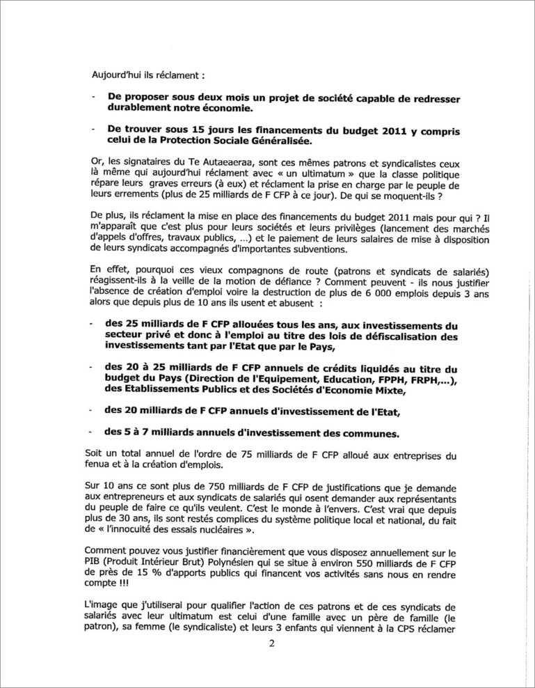 Pour H. Tefaarere, les syndicats de patrons et de salariés sont « les principaux responsables de l’effondrement » du pays