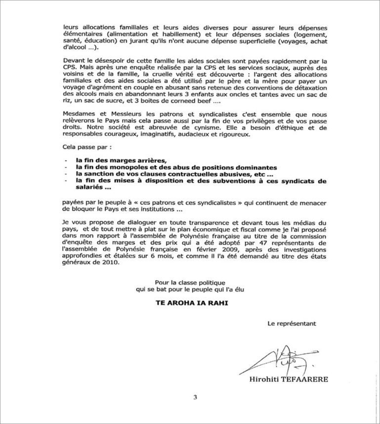 Pour H. Tefaarere, les syndicats de patrons et de salariés sont « les principaux responsables de l’effondrement » du pays