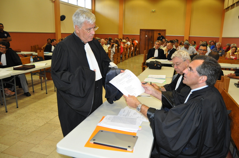 Me Quinquis, avocat de Gaston Flosse, et Me Boussier, avocat de la partie civile.