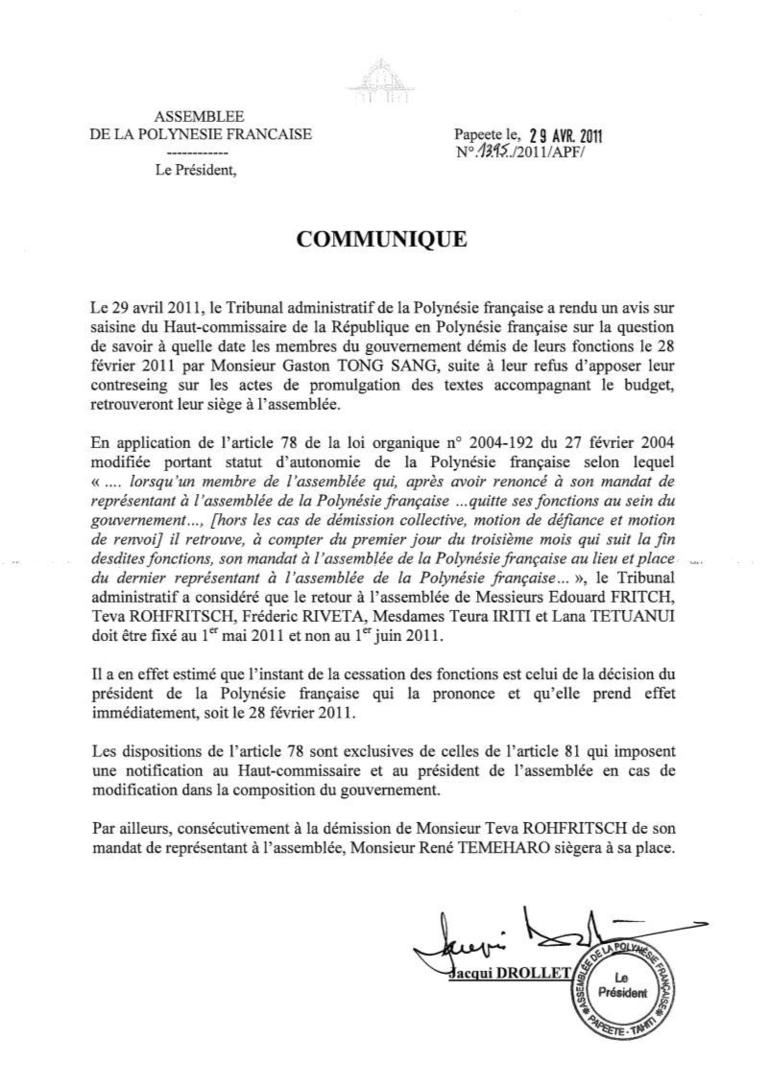 Jacqui Drollet fixe au 1er Mai et non au 1er juin le retour des "ministres limogés" à l'assemblée.
