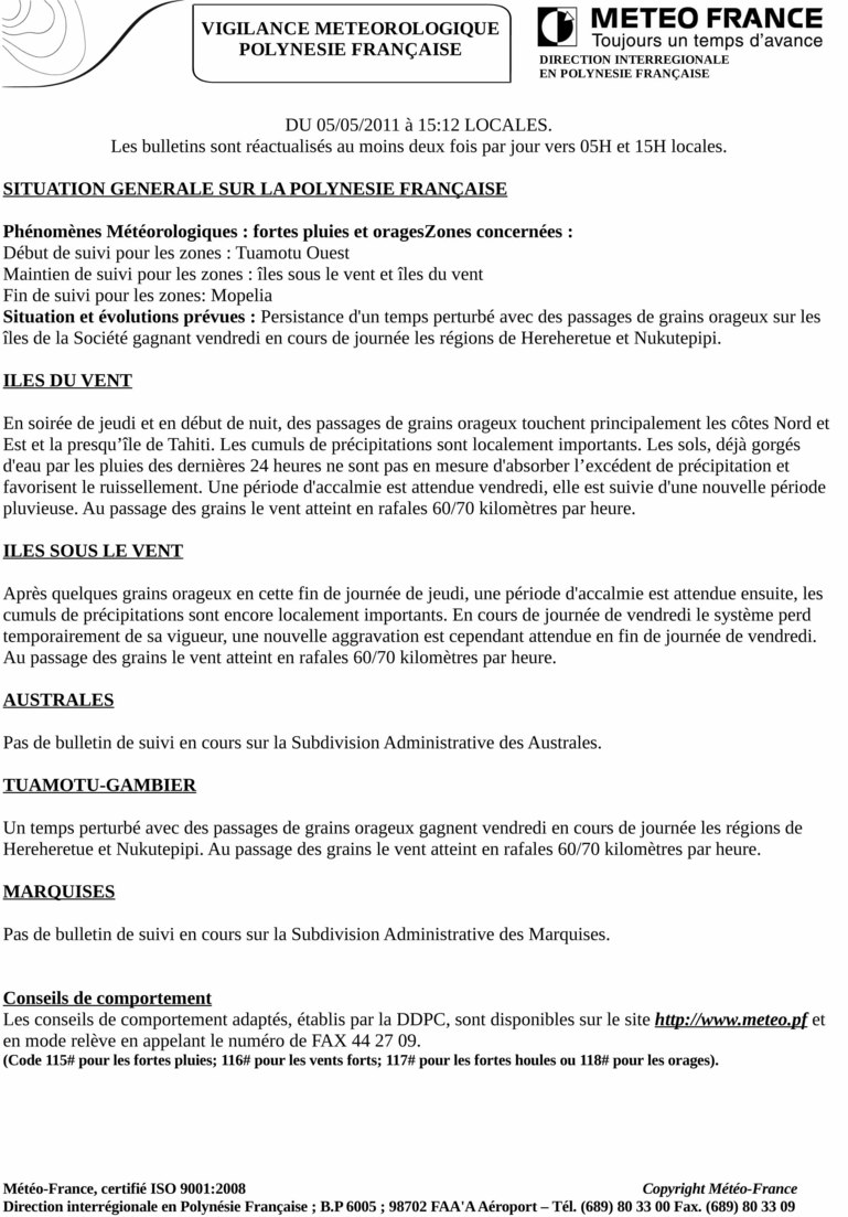 Vigilance orange Alerte aux fortes pluies pour l’archipel de la Société et les Tuamotu de l’Ouest